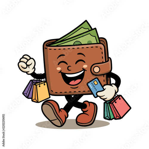 Happy wallet cartoon carrying cash, credit card and shopping bags, representing personal finance, spending, shopping, wealth, money management, and financial success.