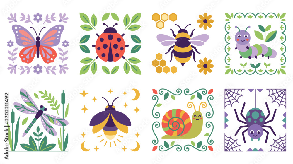 Fototapeta premium Cute cartoon insects and garden bugs colorful square tiles vector.