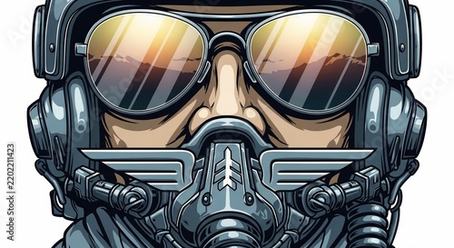 Skyward Gaze: A digital painting of a pilot's steely resolve, reflected in mirrored lenses, ready for the boundless blue.