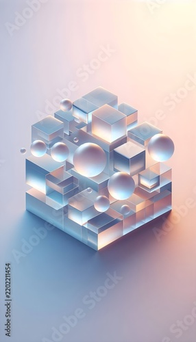 Glass cubes and spheres form isometric structure on pastel gradient background