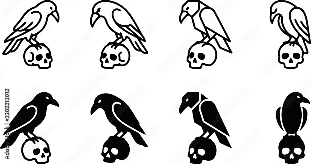 Obraz premium Set Of Black And White Crow And Raven Icons Perched On Human Skulls Representing Gothic Art And Dark Fantasy Design Elements.