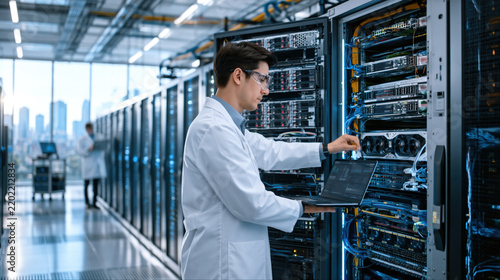 Data center technician white lab coat and safety glasses configuring server hardware with laptop rack, focused professional adjusting cables