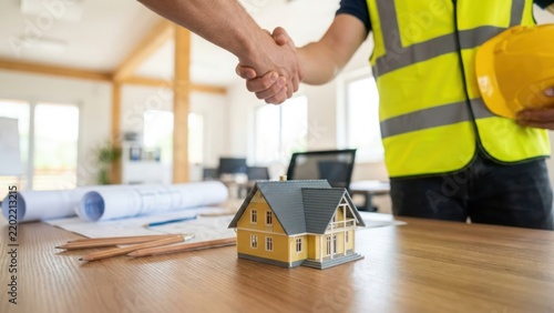 Construction project manager and architect shaking hands over house model blueprint plans on desk during successful real estate development meeting