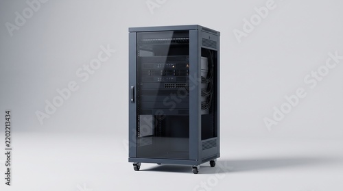 Modern server rack cabinet with glass door and wheels for data center and IT infrastructure