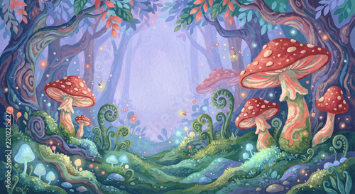 Dreamy Storybook Gouache Enchanted Forest Mushroom Fairyland Background