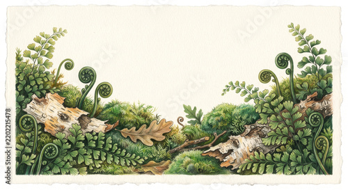 Rustic Colored Pencil Woodland Ferns and Forest Moss Background