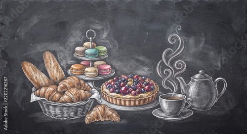 Vintage French Patisserie Hand-Drawn Blackboard Pastry Doodles Background
