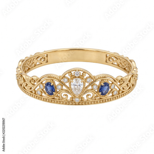 Gold and diamond circlet with sapphires isolated on white background  