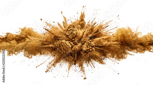 Dynamic brown dust explosion with small gritty particles creating a powerful blast effect captured in high resolution isolated against a pure clean white on transparent background