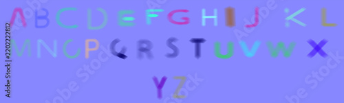 Colorful alphabet A to Z set with glitch and motion blur effects on a light blue background