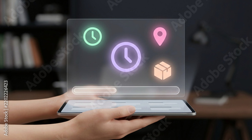 Futuristic digital logistics and delivery tracking concept showing a person holding a tablet with a glowing holographic interface for package status