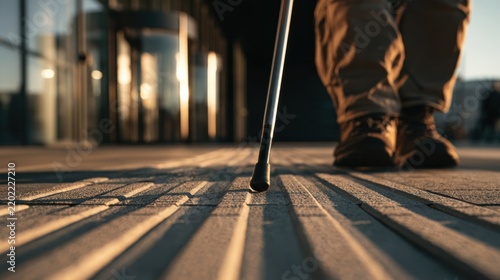 A close-up of a person using a white cane walking on a tactile pavement designed for visually impaired individuals.