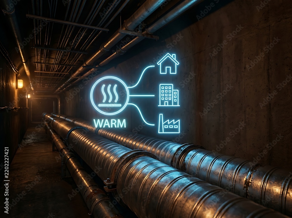 Fototapeta premium District heating pipes in dark basement with glowing neon icon showing hot water supply concept to residential house commercial building and industrial factory.
