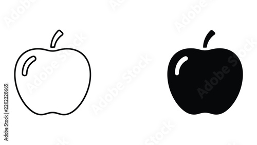 Apple fruit icons in outline and silhouette styles with nutrition