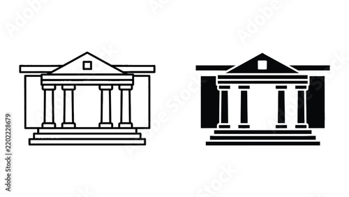 Government building outline and silhouette icons set with building