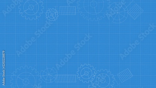 Technical blueprint background with rotating mechanical gears