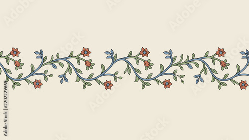 Seamless floral border pattern with delicate blue vines and small red flowers, elegant botanical illustration for textile design and decorative frames