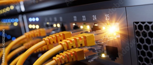 Network switch with yellow ethernet cables, server room data connection