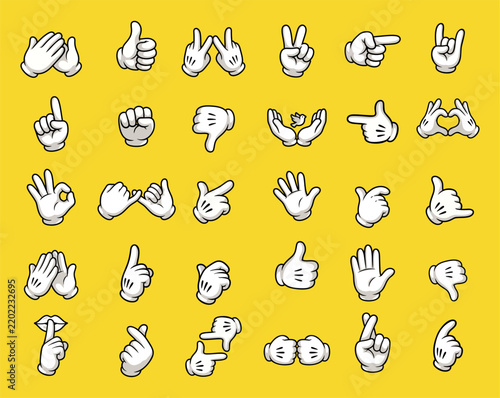 Large collection of vintage retro cartoon gloved hand gestures vector set. Features various communication signs like thumbs up, peace, pointing, and heart on yellow background.