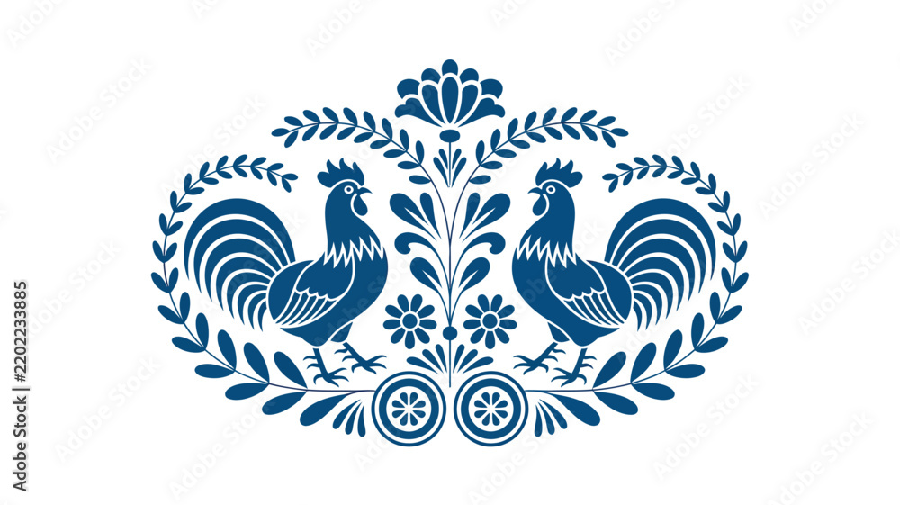 Obraz premium Traditional hungarian folk art pattern with two roosters and floral motifs, symmetrical blue vector illustration
