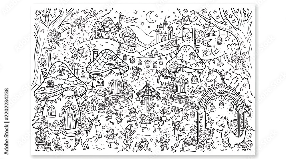 Fototapeta premium A black and white line of a magical fairy village with mushroom houses, dancing fairies, unicorns, and a dragon in the forest