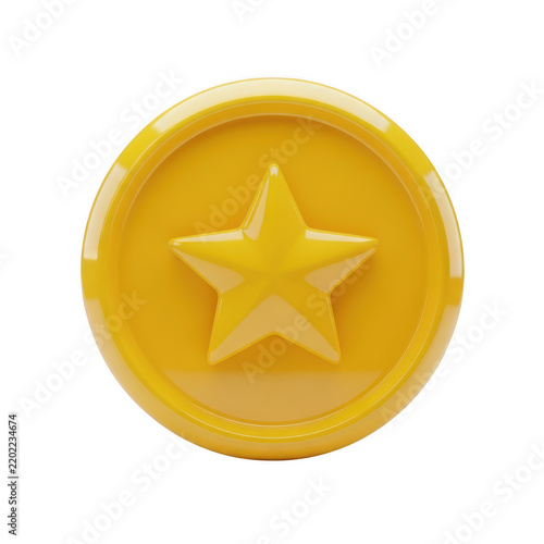 Shiny yellow gold coin with a star symbol icon isolated on transparent background