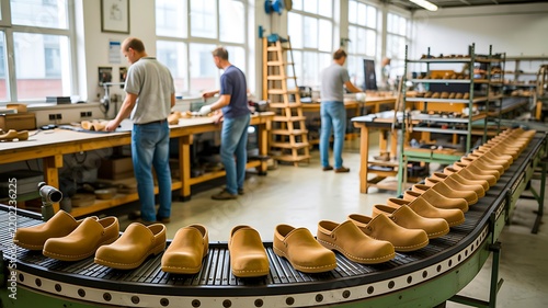 Automated shoe manufacturing facility with workers and conveyor belt producing leather footwear