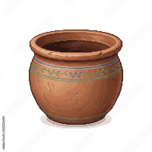 Pixel art illustration of an empty terracotta plant pot with decorative leaf pattern