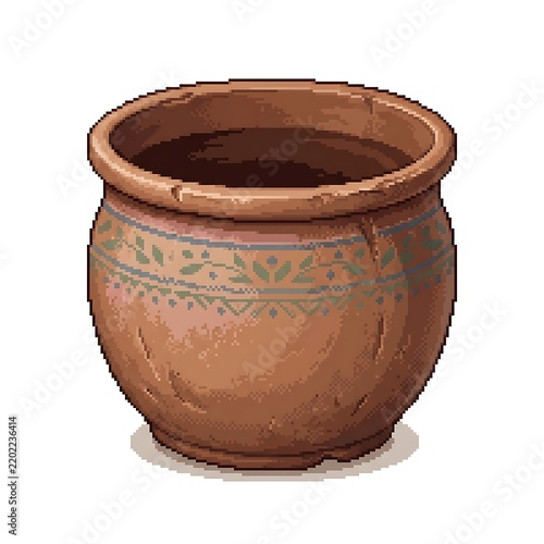 Pixel art illustration of an empty terracotta plant pot with decorative leaf pattern