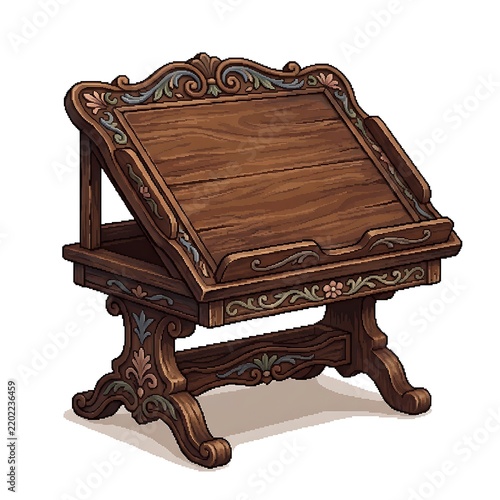 Decorative Wooden Book Stand with Ornate Carvings in Pixel Art Style Isolated on White Background
