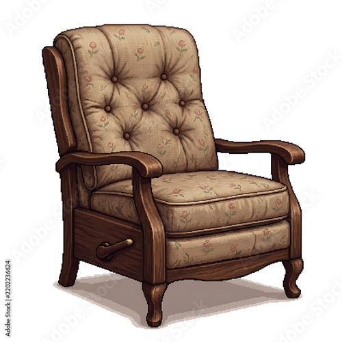 Vintage wooden armchair with floral fabric upholstery isolated on a white background