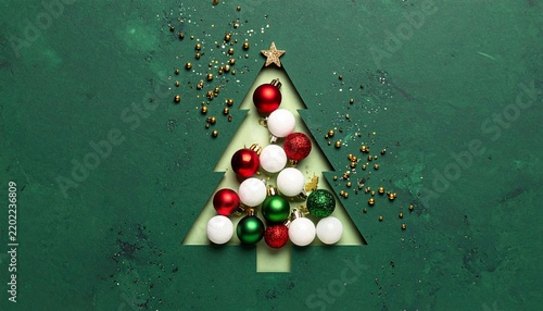 Minimalist Christmas tree cutout with festive ornaments and golden star.