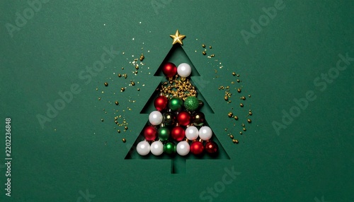 Minimalist Christmas tree cutout with festive ornaments and golden star.