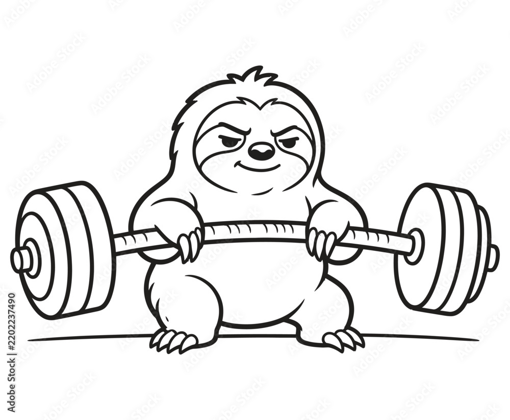 Fototapeta premium Cute cartoon sloth lifting heavy barbell weight.