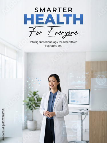 Futuristic healthcare advertising poster with Asian woman and clean copy space