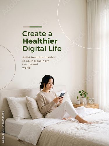 Digital wellness advertising poster with Asian woman and clean copy space