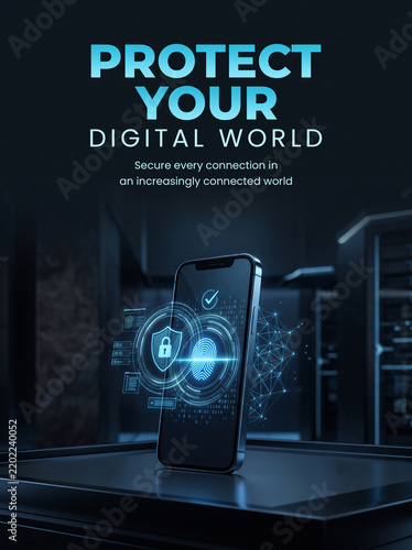 Premium cybersecurity advertising poster with smartphone and copy space