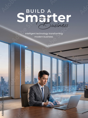 AI business technology poster with professional businessman and copy space