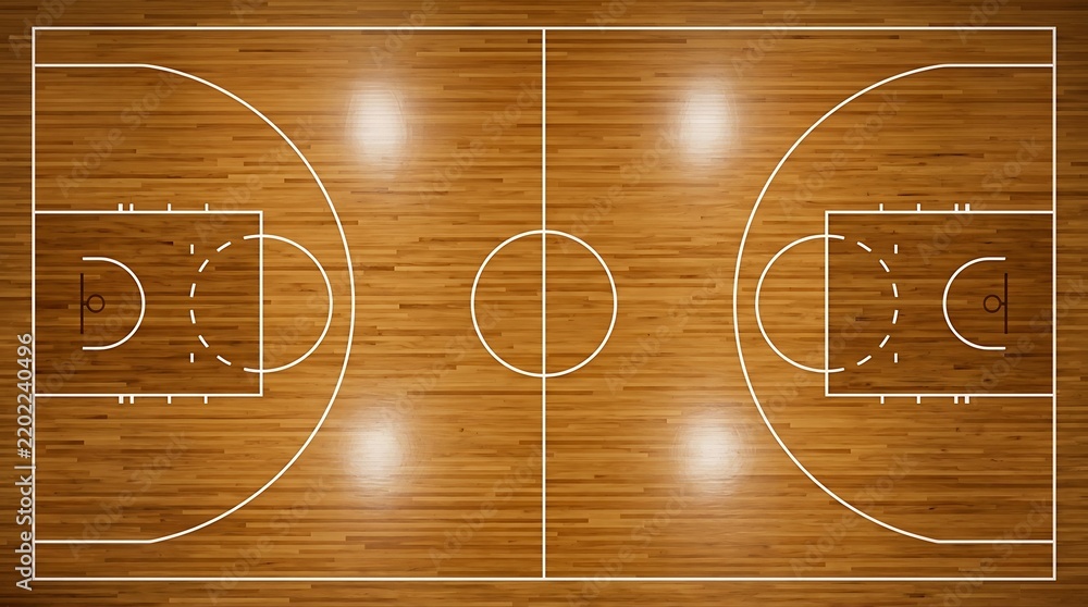 Fototapeta premium Aerial view of a clean, empty basketball court with polished wooden floor and bright lighting, perfect for sports events and training.