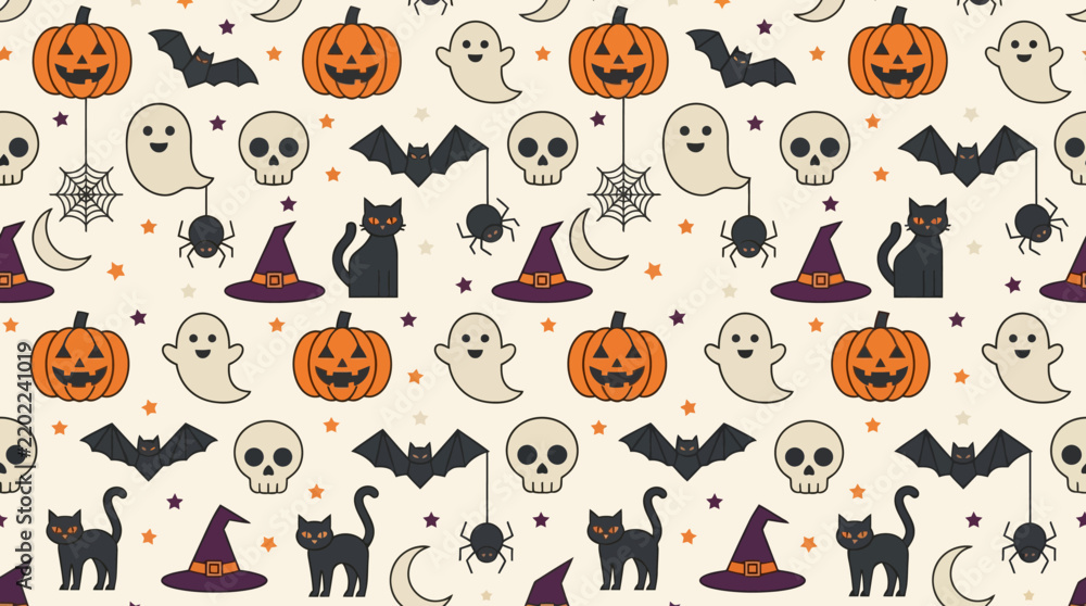 Obraz premium Seamless halloween pattern featuring spooky decorative elements and festive holiday icons for seasonal graphic design projects