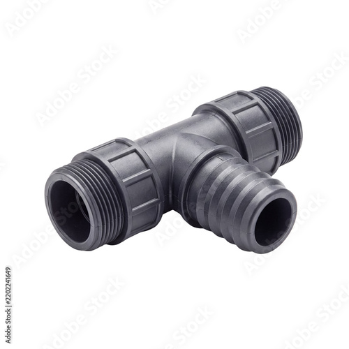 Black plastic T-shaped pipe fitting with external threads