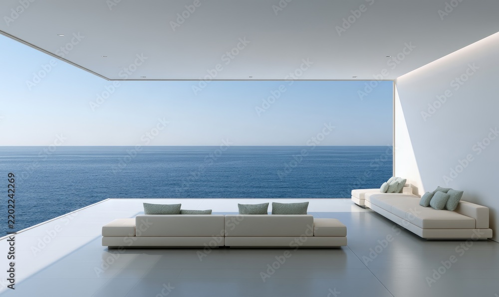 Fototapeta premium Modern minimalist living space with panoramic ocean view and plush seating