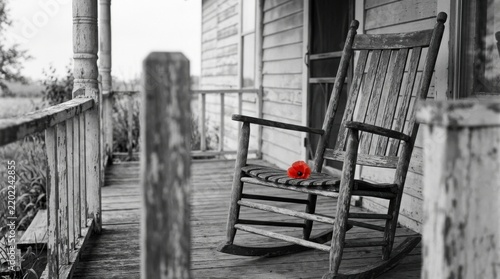 Rustic Porch Rocking Chair in Black and White with Red Rose on Seat
