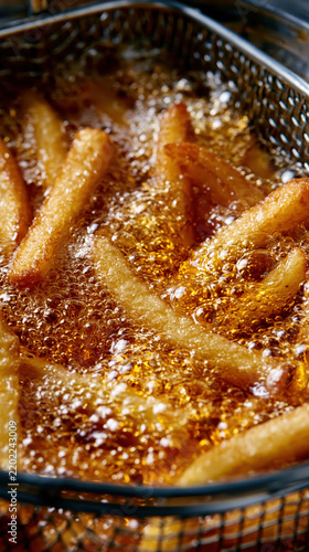Deep fried potato fry sizzling in golden oil inside metal basket