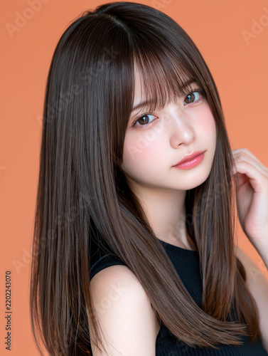 Portrait woman model long straight brown hair bangs beauty studio orange background calm expression