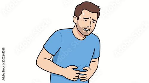 Vector illustration of a young man experiencing severe stomach ache, abdominal pain, or indigestion, holding his belly in distress, suitable for health and medical concepts.
