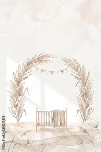 Watercolor boho crib under pampas grass arch with bunting for neutral baby shower invitation minimalist nursery decor and welcome baby announcement