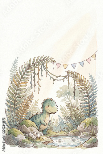 Watercolor cute baby dinosaur in prehistoric jungle with ferns and eggs for dino baby shower invitation kids birthday party and nursery wall art