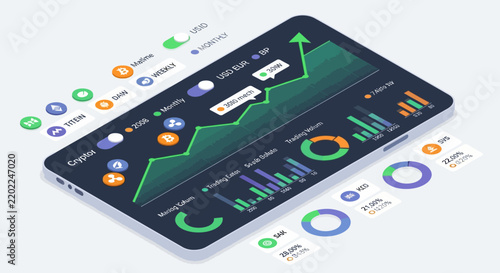 Isometric financial dashboard with stock charts and cryptocurrency