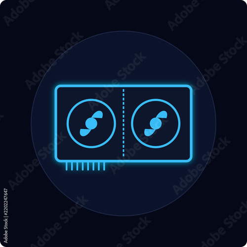 Dual fan graphics card unit with blue glowing light effect icon